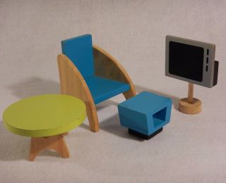 Vtg Doll House Miniature Television Tv Furniture Chair Table Foot Stool