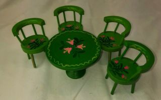Vintage Japan Dollhouse Kitchen Wood Table Chairs Hand Painted For 6 - 8 " Dolls