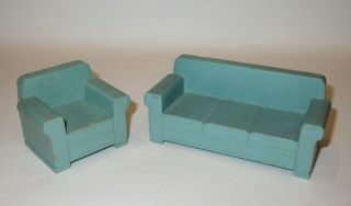 Vintage Strombecker Wooden Dollhouse Furniture - Living Room Sofa And Chair 1:16