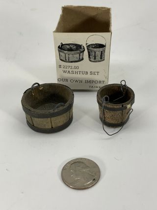 Vintage Dollhouse Miniatures 1:12 Wood Wash Tub & Pail Oak Bucket Set 2272