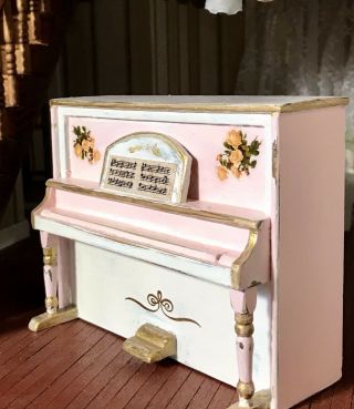Dollhouse Miniature Furniture Wood Piano W/bench 1:12 Painted Pink Rose Decals