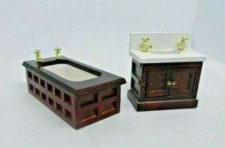1:24 Scale Vintage Dollhouse Miniature Wood Bath Tub & Vanity Sink Brass Faucets