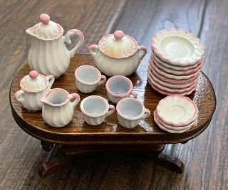 Vintage Ceramic Dollhouse Miniatures Dishes Teacups Saucers Pitcher Pink Trim
