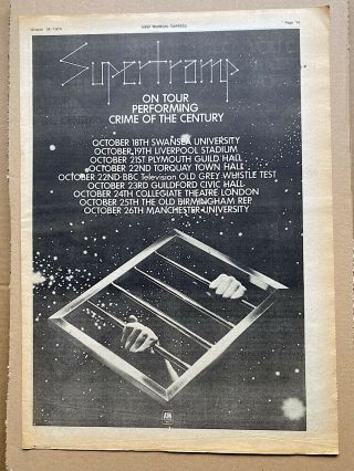 Supertramp Crime Of The Century Tour (b) Poster Sized Music Press Advert
