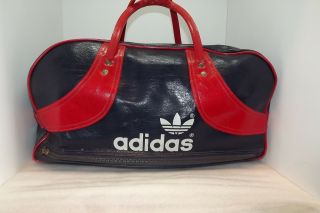 Vintage Adidas Vinyl Trefoil Classic Gym Duffle Bag,  Blue And Red,  Zipper