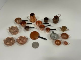 Vintage Metal Doll House Miniature Copper Brass Tone Pots Pans Cookware Set