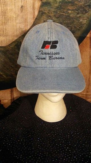 Vtg Tennessee Farm Bureau Script Logo Embroidered Blue Denim Strapback Hat Cap