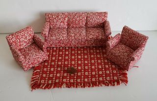 Dollhouse Miniatures Artisan Handcrafted Red Sofa,  Chairs,  Rug Set 1:12