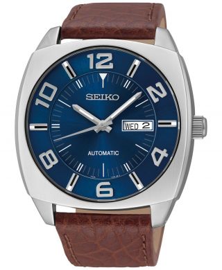 Seiko Recraft Automatic Blue Dial Brown Leather Strap Men 