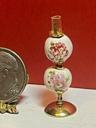 Vintage Artisan Beaded Glass Hurricane Lamp Hand Painted Roses 1:12 Dollhouse