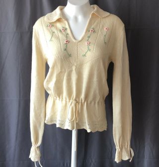 Vintage Granny Grandma ‘70s Embroidered Floral Flower Sweater,  Ties,  Flounce Szm