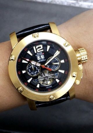Swiss Master Large Mens Automatic Skeleton Watch With Calendar Gold