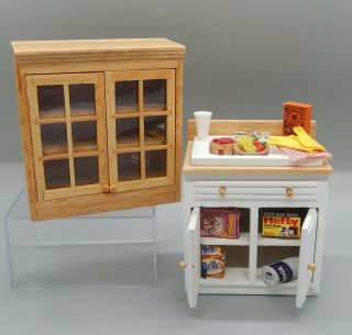 Vintage Dressed Kitchen Cabinet W Sink & Upper Cabinet Dollhouse Miniature 1:12