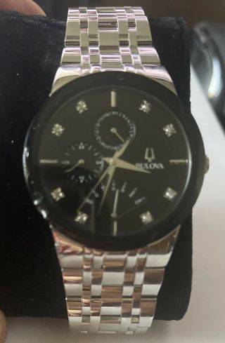Bulova Men’s Stainless Steel Diamond Black Dial Silver Watch 96d148