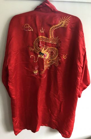 Vtg Golden Dragon Sz Large Red Silk Kimono Robe Hand Embroidered Dragon China
