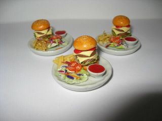 3 Dollhouse Miniature 1:12 Scale - Cheese Burger,  Salad,  Ketchup & Fries Plate