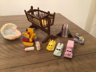Vintage Dollhouse Miniatures Wooden Swinging Cradle W Baby Toys Accessories