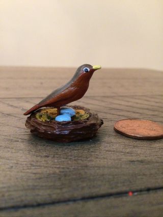Vintage Painted Pewter Bird On Nest With Eggs Miniature 1:12 Dollhouse Sculpture