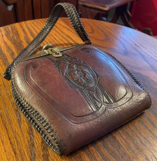 Antique 1918 Arts & Craft Hand Tooled Leather Meeker Turnloc Bag Purse