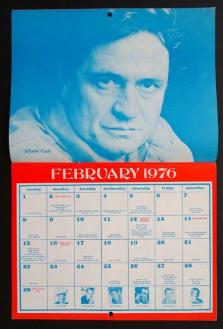 1976 Vintage Country Music Star Photo Birthday Calendar Johnny Cash Loretta Lynn