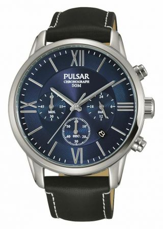 Pulsar Gents Stainless Steel Chronograph Watch Black Leather Strap Pt3 809