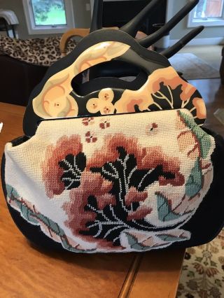 Vintage Patricia Smith Moon Bag/purse Needlepoint Hand Painted Lacquer/leather