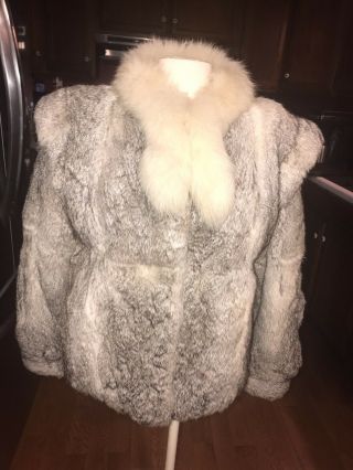Retro Vintage Mod Natural Rabbit Fur Jacket Coat W/fox Fur Collar Sz M