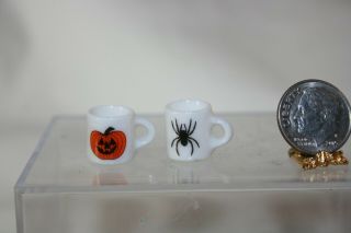 Miniature Dollhouse Pair Porcelain Coffee Mugs Halloween Jack O Lantern & Spider