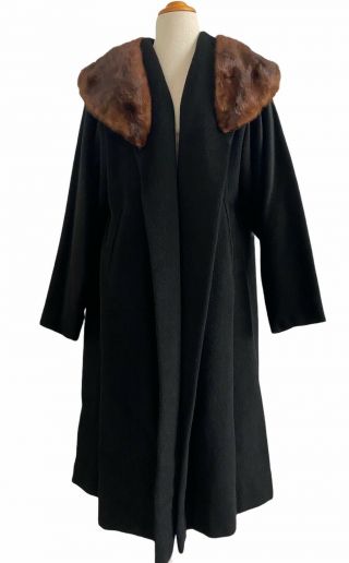 Vintage Long Black Wool Coat With Full Mink Fur Collar Sz S/m