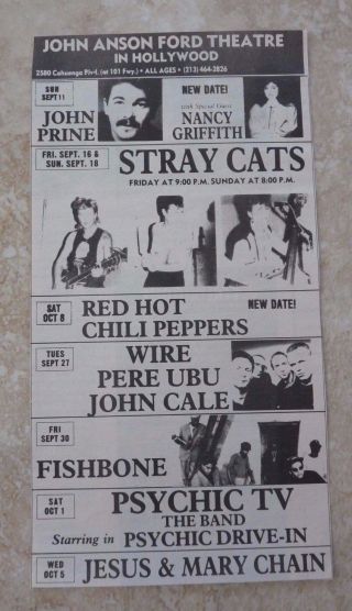 Red Hot Chili Peppers Vintage Oct 8th 1988 Concert Poster Ad 5 X 9.  5 Stray Cats