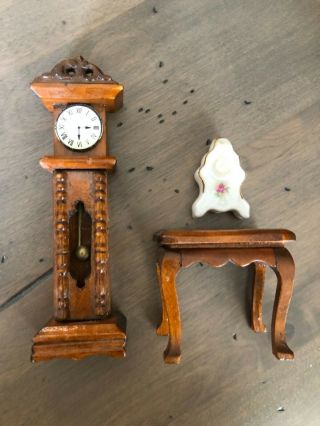 Vintage Dollhouse Miniatures Furniture Side Table,  Ceramic & Grandfather Clock