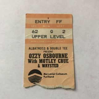 Ozzy Osbourne Motley Crue Waysted Memorial Concert Ticket Stub Vintage Mar 1984