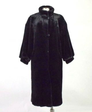 Vtg 90s Reversible Black Faux Fur Duster Coat Full Length Trench Jacket Womens M