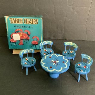 Vintage Wooden Dollhouse Miniature Table,  4 Chairs — Hand Painted,  Taiwan,  Blue