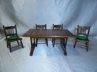 Miniature Dollhouse Wooden Dining Room Table With 4 Chairs Look
