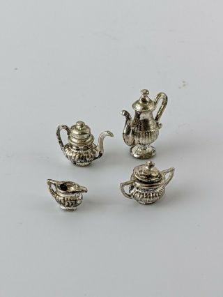 Vtg Dollhouse Miniature 1:12 Scale Silver Plated Pewter Small Tea Set
