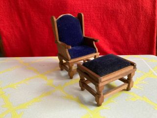Dollhouse Vintage Wooden & Blue Fabric Upholstered Chair W/ottoman Good Cond