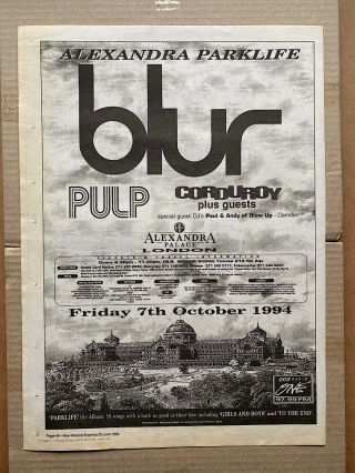 Blur Alexandra Parklife Poster Sized Music Press Advert From 1994 - Pri