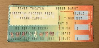 1981 Frank Zappa Philadelphia Concert Ticket Stub And The Mothers Of Invention