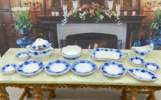 Vintage Blue & White Porcelain Dish Set Tureen Plates Dollhouse Miniature 1:12