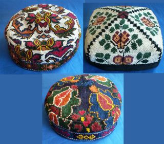 3 Ethnic Boho Handmade Embroidered Traditional Uzbek Kufi Silk Pillbox Hats