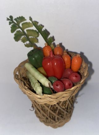 Vintage Dollhouse Miniature Woven Basket With Plastic Vegetables 2”