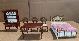Dollhouse China Cabinet,  3 Chairs & Table & Bed.  Wooden/ Plastic