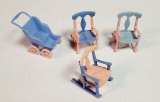 Vintage Renwal Dollhouse Baby Stroller And 3 Rocking Chairs No.  65