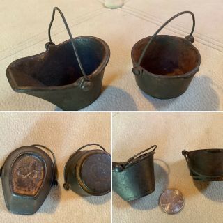 2 Vintage Miniature Cast Iron Pots & Pans Coal Bucket Set Doll House ?