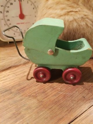 Vintage Antique Dollhouse Wood,  Metal Baby Buggy,  Stroller With Pillow