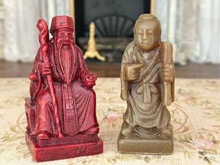 Vintage Miniature Dollhouse Artisan Sculpted Resin Pair Asian Statues Figures