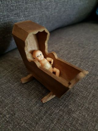 Vtg Dollhouse Miniature Wood Rocking Cradle Crib Baby Nursery Furniture Hong Kon
