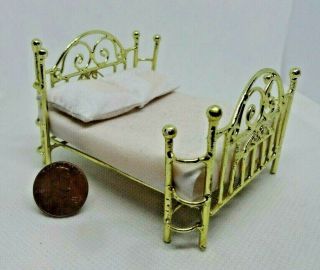 1:24 Scale Dollhouse Miniature Solid Brass 4 Poster Bed With Mattress & Pillows