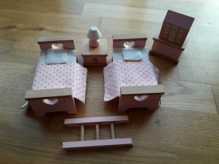 John Lewis Wooden Dolls House Furniture - 7 Piece Childs Bedroom Set Good Cond